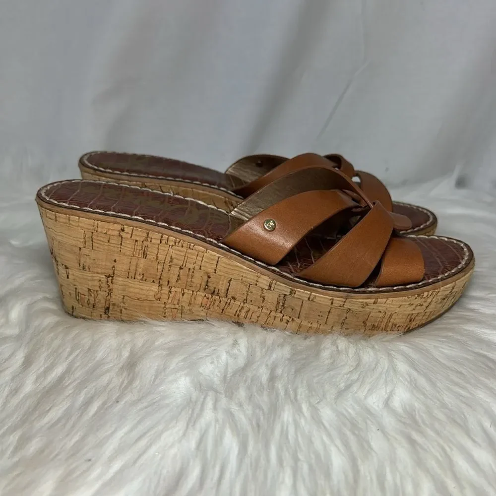 Sam Edelman Raynere Tan Leather Strappy Wedge‎ Mules Sz 8